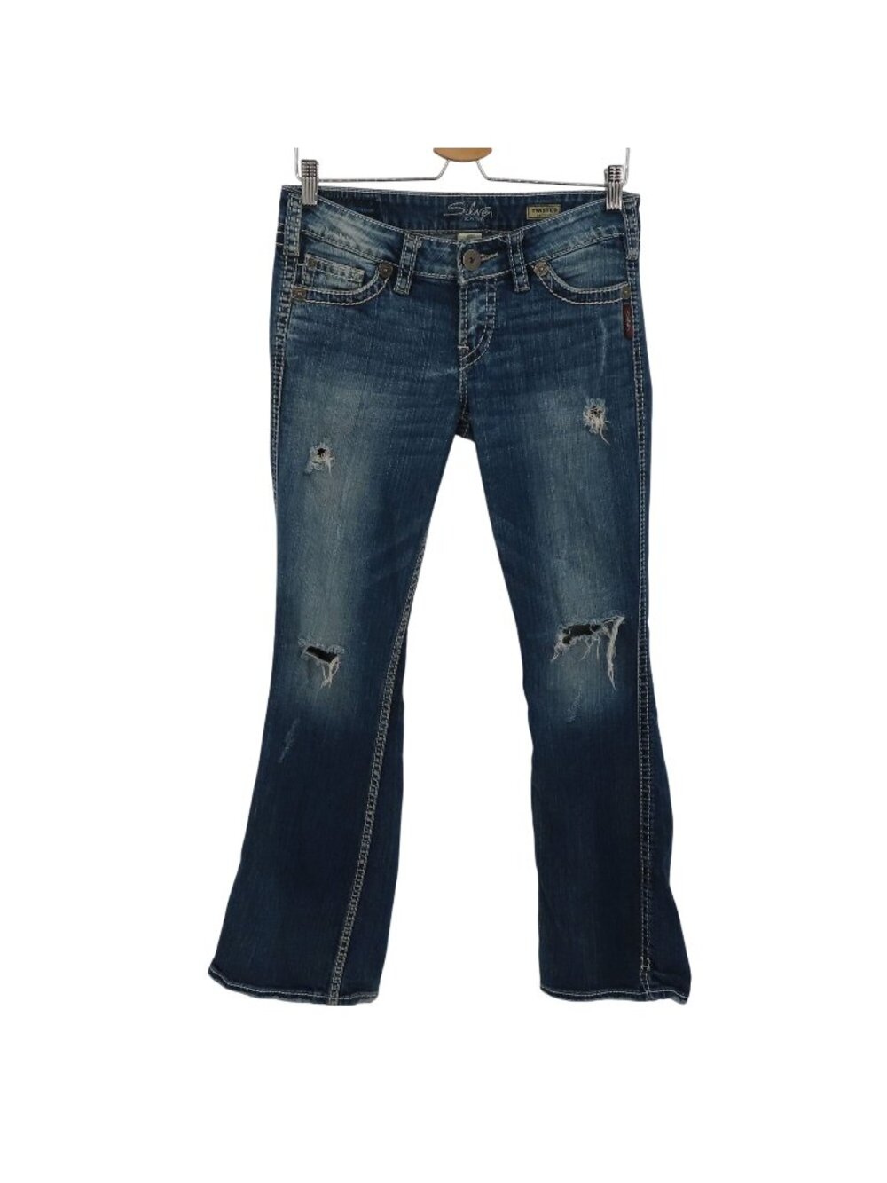 Silver Jeans Women 5 Twisted Bootcut Distressed Denim Solid Blue White Seams